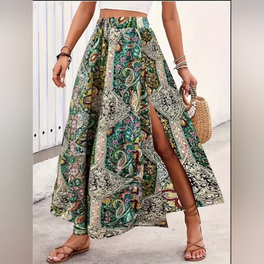 NEW ARRIVAL Green Paisley Boho Maxi Skirt with Side Slit